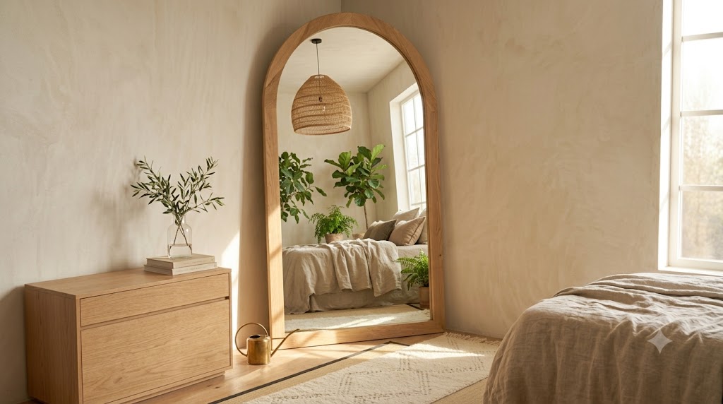 Full-Length Arched Floor Mirrors with Raw Oak Frames